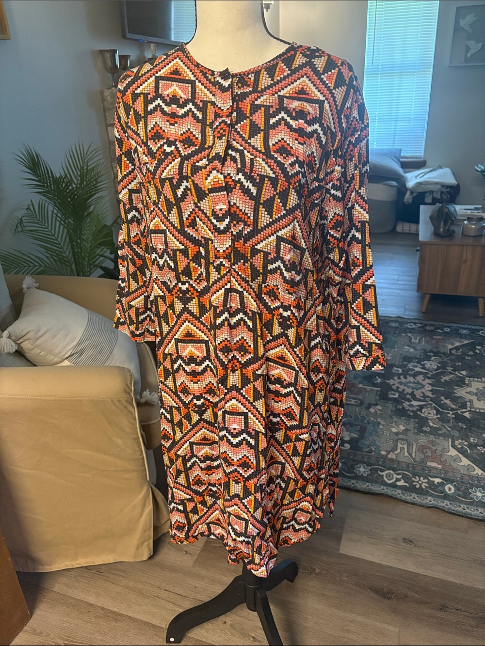 H&M Geometric Long Sleeve Dress in Orange, Black, Cream, and Pink